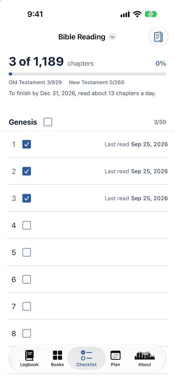 The Bible checklist, with Genesis 1 through 3 checked off and a daily pace to finish by year's end.