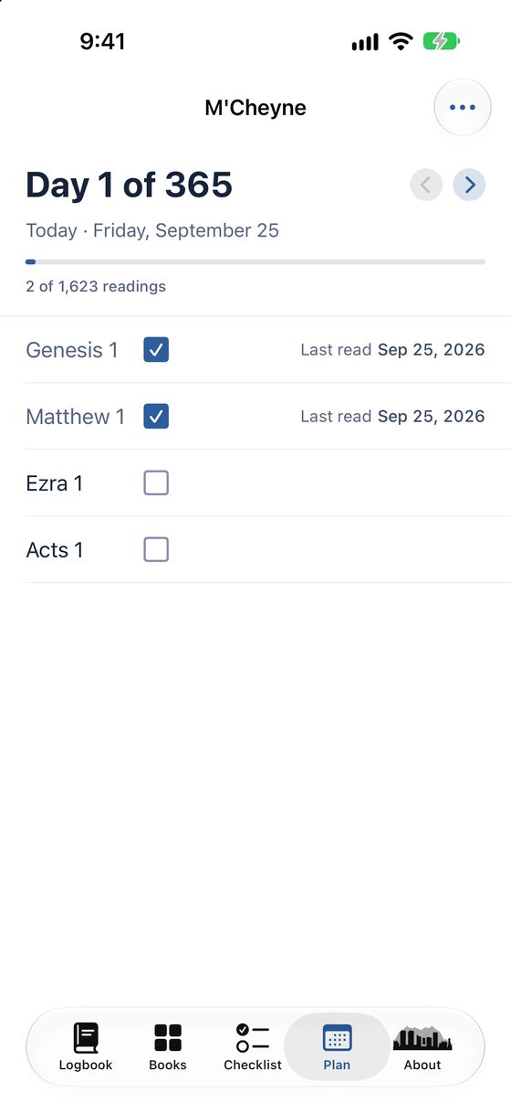Day 1 of the M'Cheyne plan: Genesis 1, Matthew 1, Ezra 1 and Acts 1, two of them checked.
