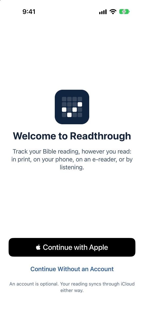 Readthrough's welcome screen: track your Bible reading, however you read.